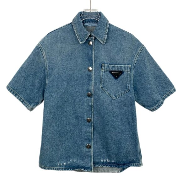 Prada Womens Short-Sleeve Denim Button-Up Shirt With Chest Pocket & Logo Patch - Picture 1 of 8